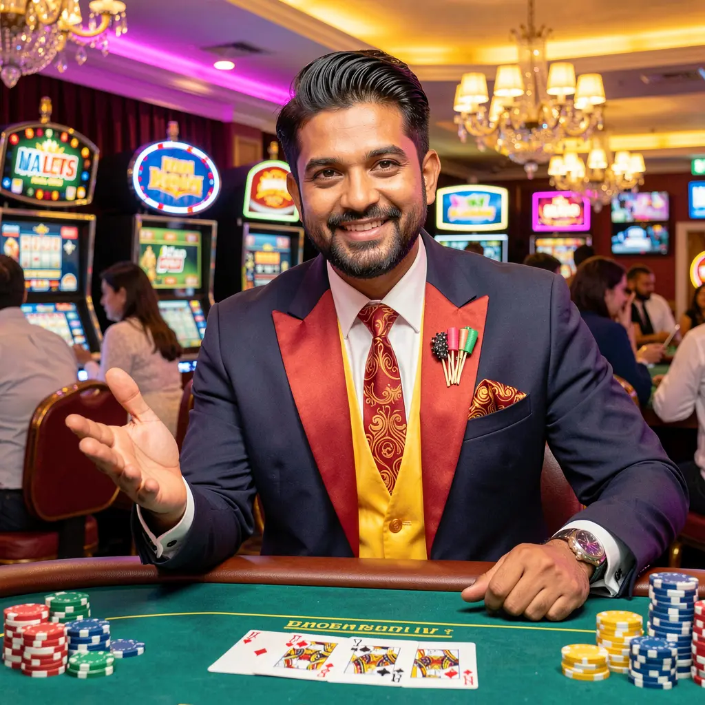Confident Bangladeshi casino dealer welcoming players at a vibrant gaming table with cards and chips inside the KT688 casino environment