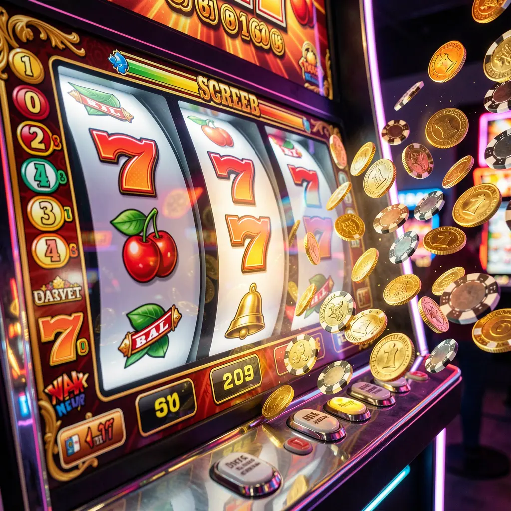 Dynamic slot machine reels landing on sevens with scattered coins highlighting big win excitement at KT688 online casino in Bangladesh